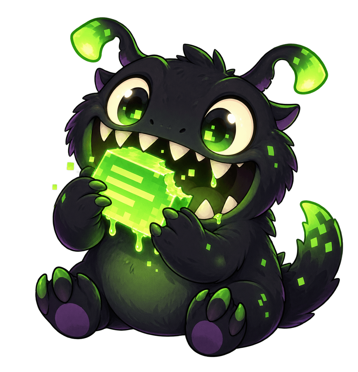 The Commit Eater calmly nibbling a glowing green commit block.