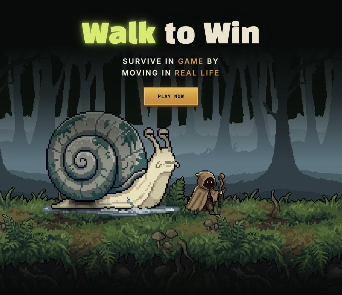 Snail Walk home page: a giant pixel-art snail in a dark forest, with the tagline Walk to Win.